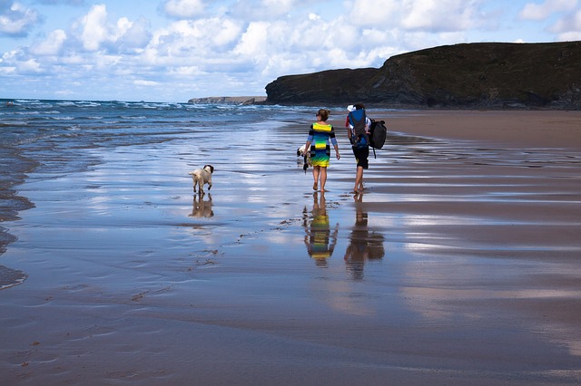 rodina se psem na pláži